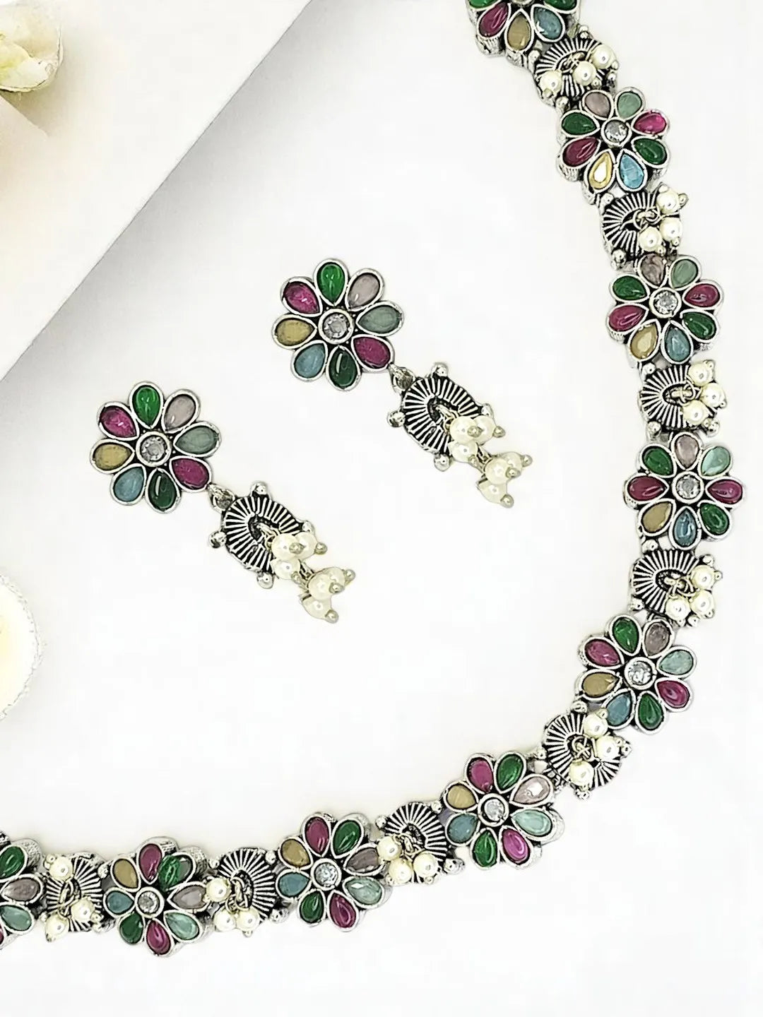 Silver-Plated Muilticolor Stone-Studded Jewellery Set
