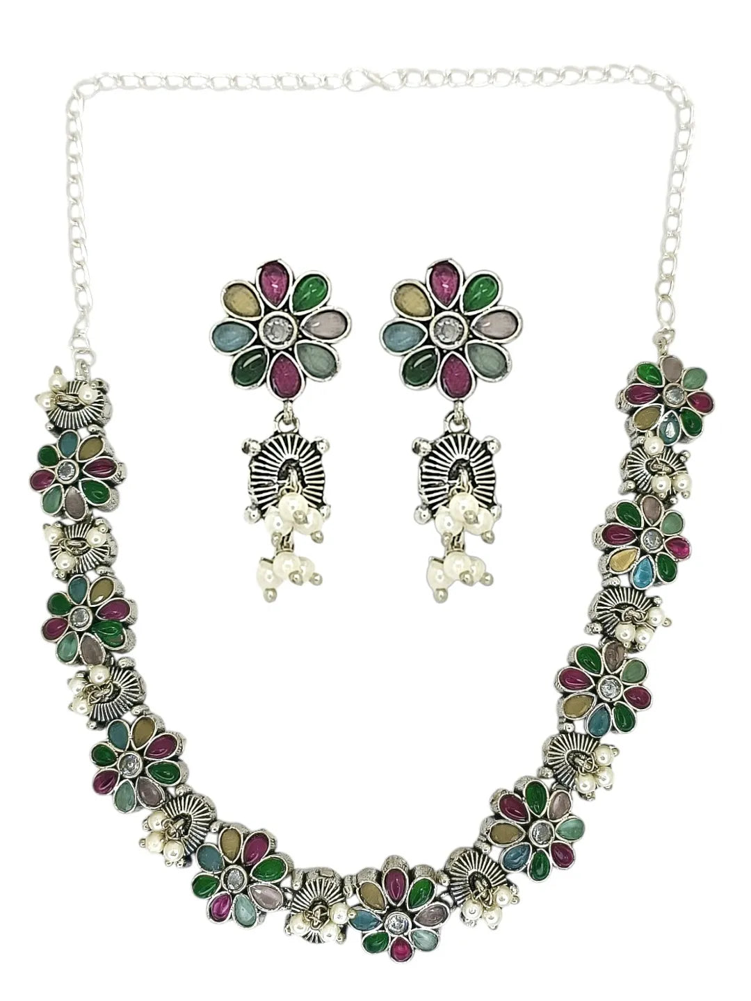 Silver-Plated Muilticolor Stone-Studded Jewellery Set
