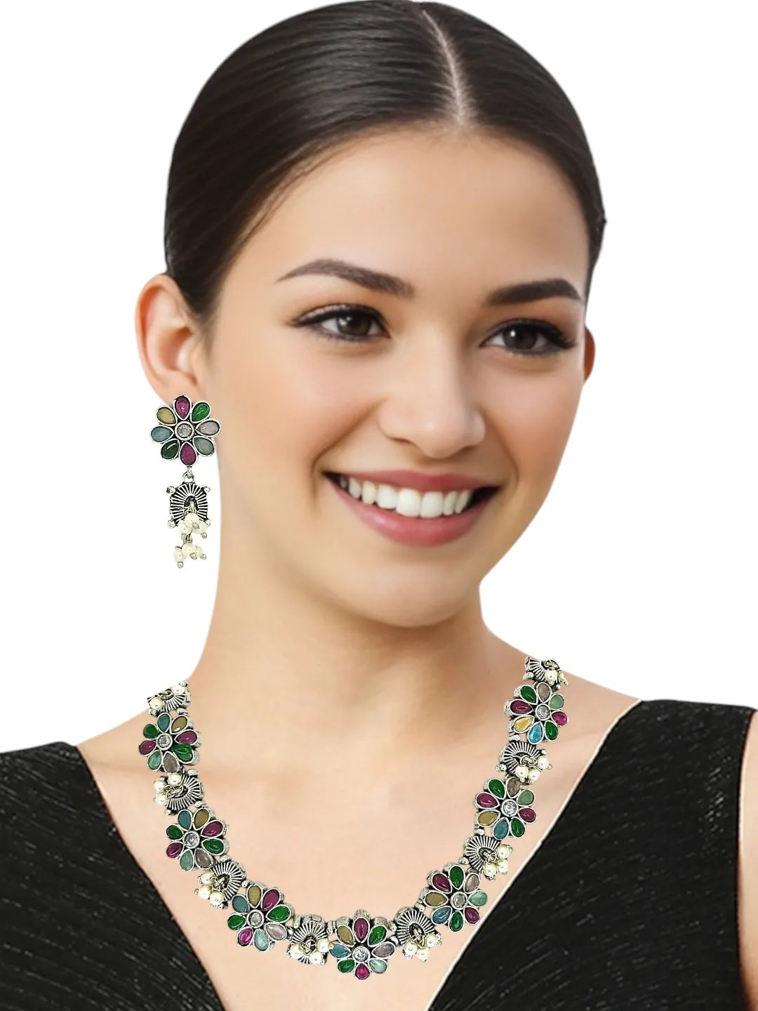 Silver-Plated Muilticolor Stone-Studded Jewellery Set