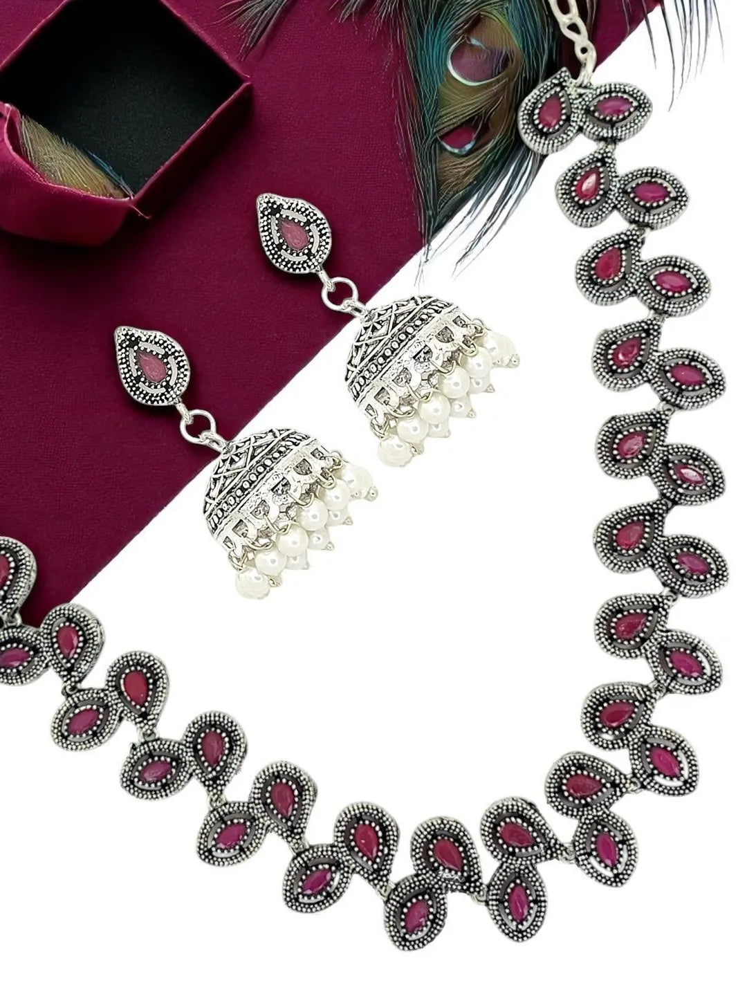 Silver-Plated Ruby Red Stone-Studded Jewellery Set