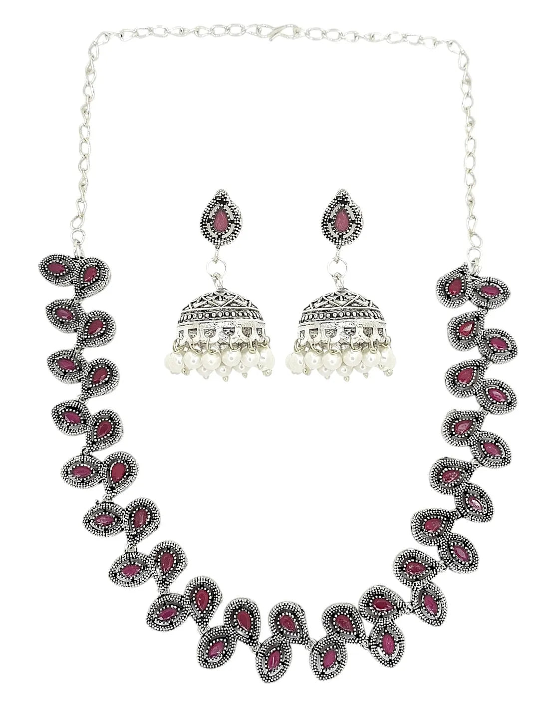 Silver-Plated Ruby Red Stone-Studded Jewellery Set