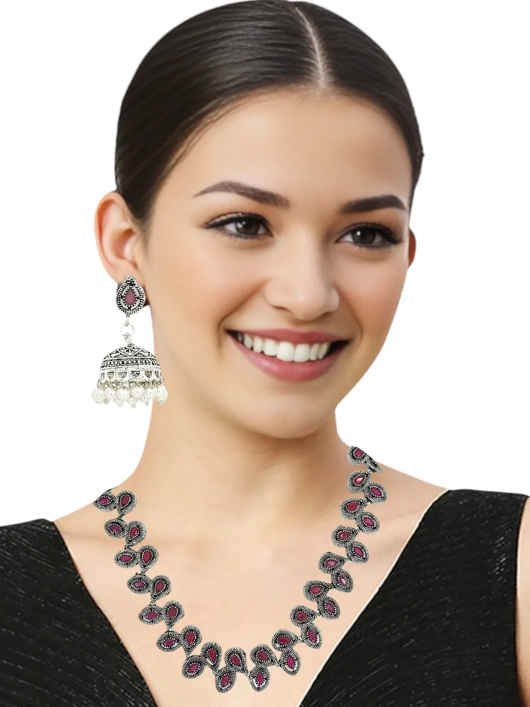 Silver-Plated Ruby Red Stone-Studded Jewellery Set