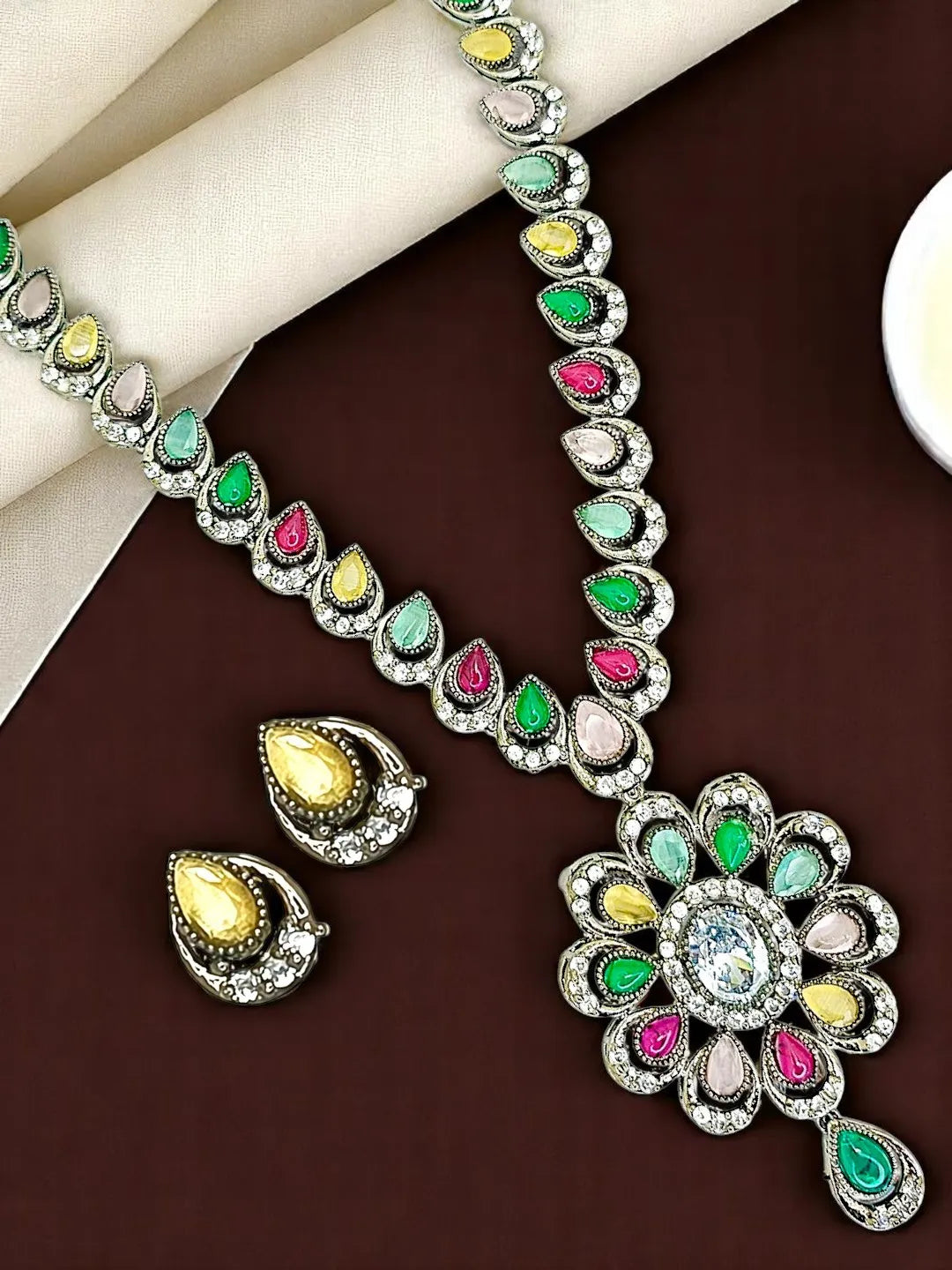 Silver-Plated Multicolor Drop Shaped Stone-Studded Jewellery Set