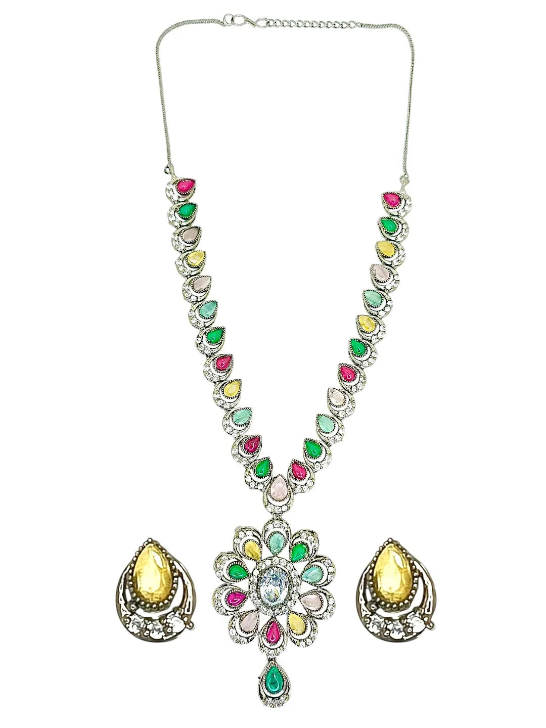 Silver-Plated Multicolor Drop Shaped Stone-Studded Jewellery Set