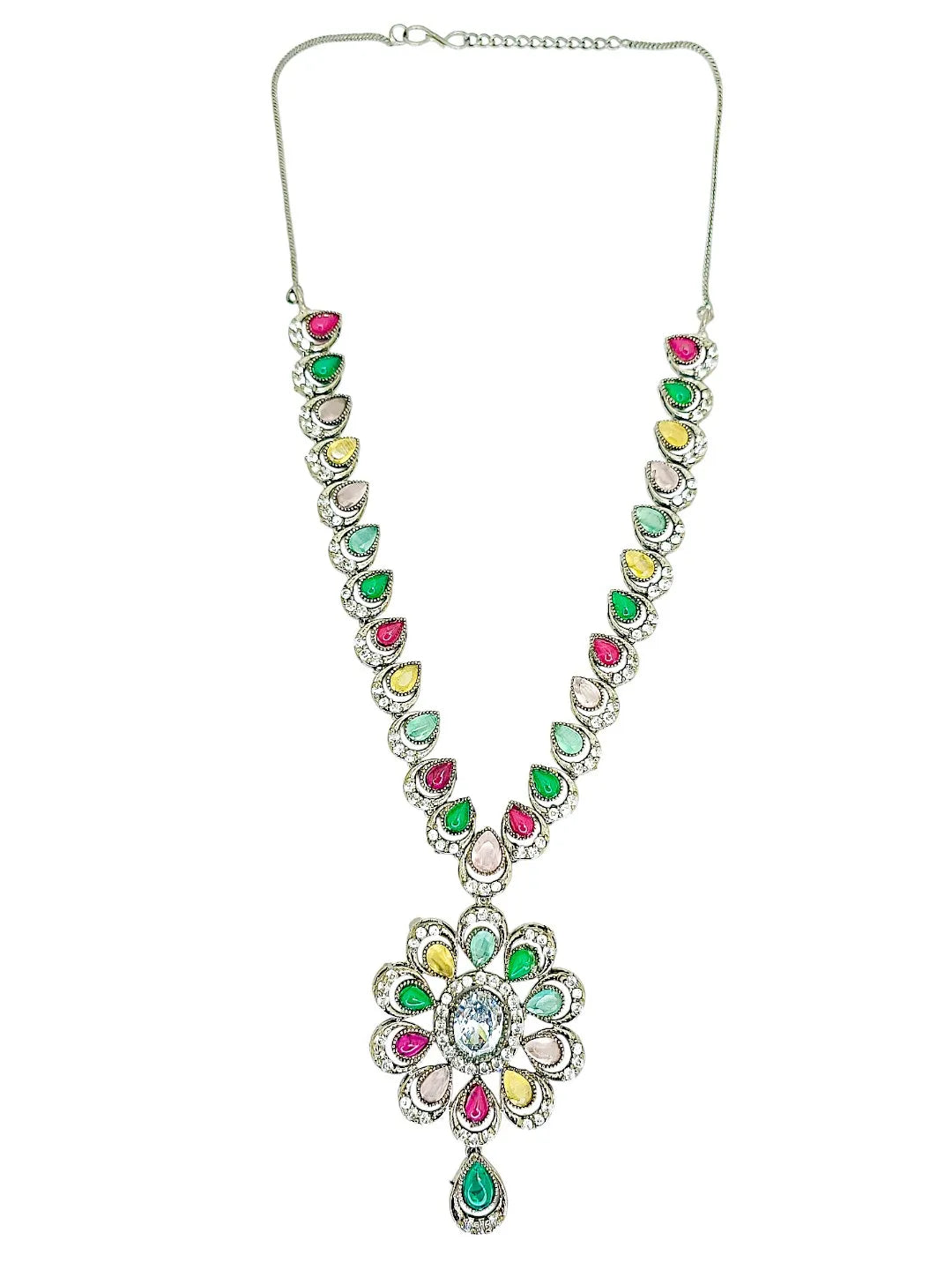 Silver-Plated Multicolor Drop Shaped Stone-Studded Jewellery Set