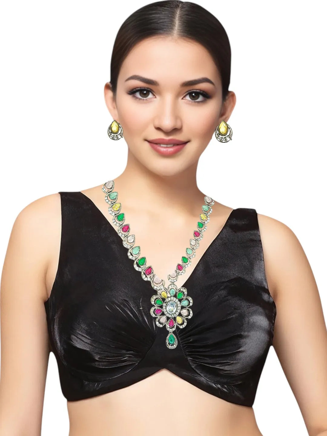 Silver-Plated Multicolor Drop Shaped Stone-Studded Jewellery Set
