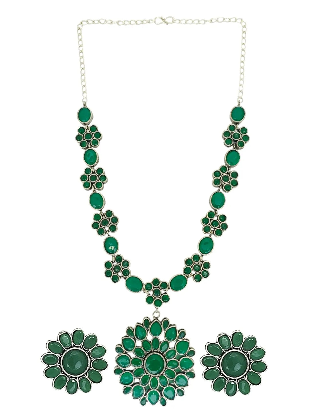 Silver-Plated Emerald Green Stone-Studded Jewellery Set