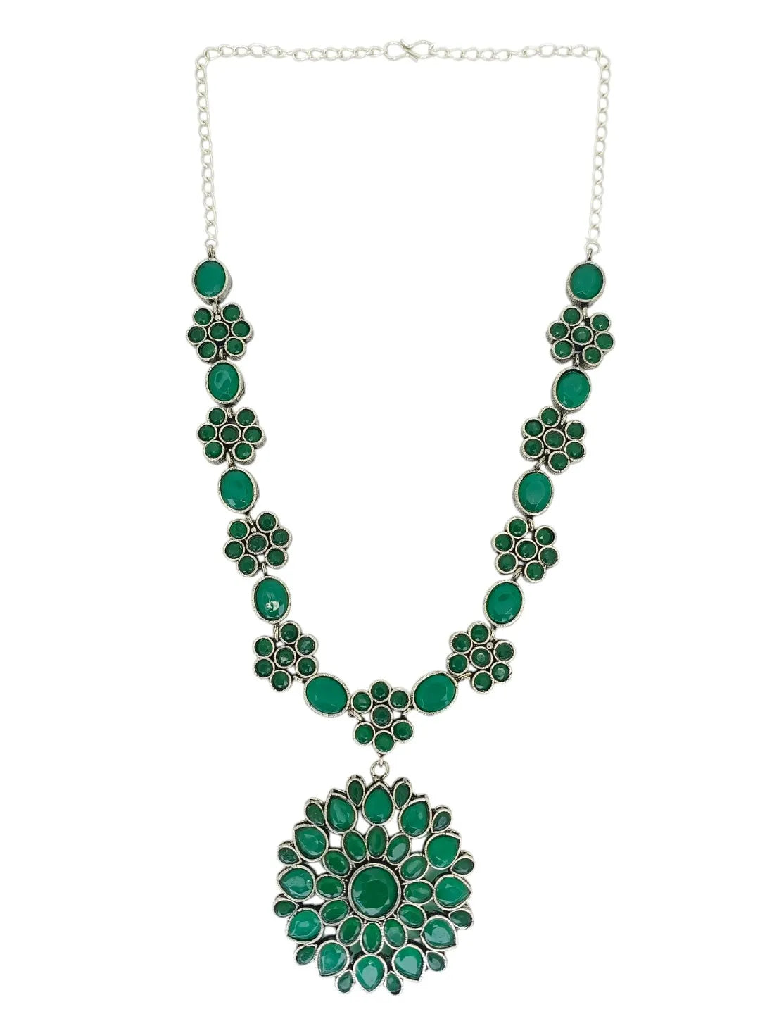 Silver-Plated Emerald Green Stone-Studded Jewellery Set