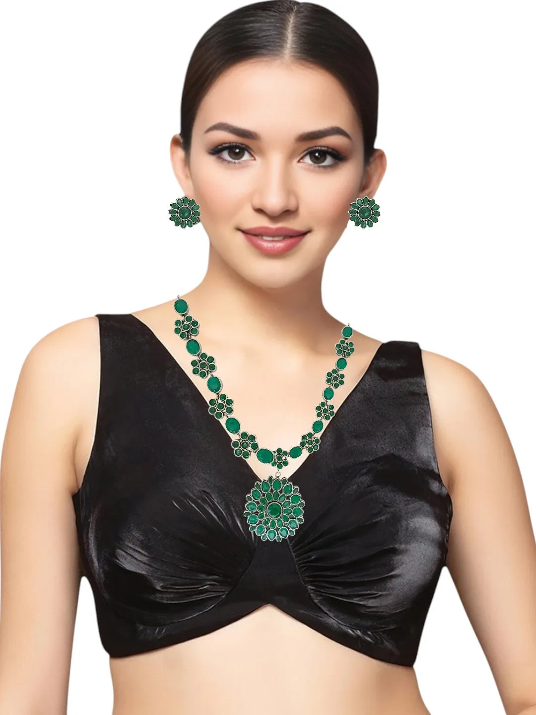 Silver-Plated Emerald Green Stone-Studded Jewellery Set