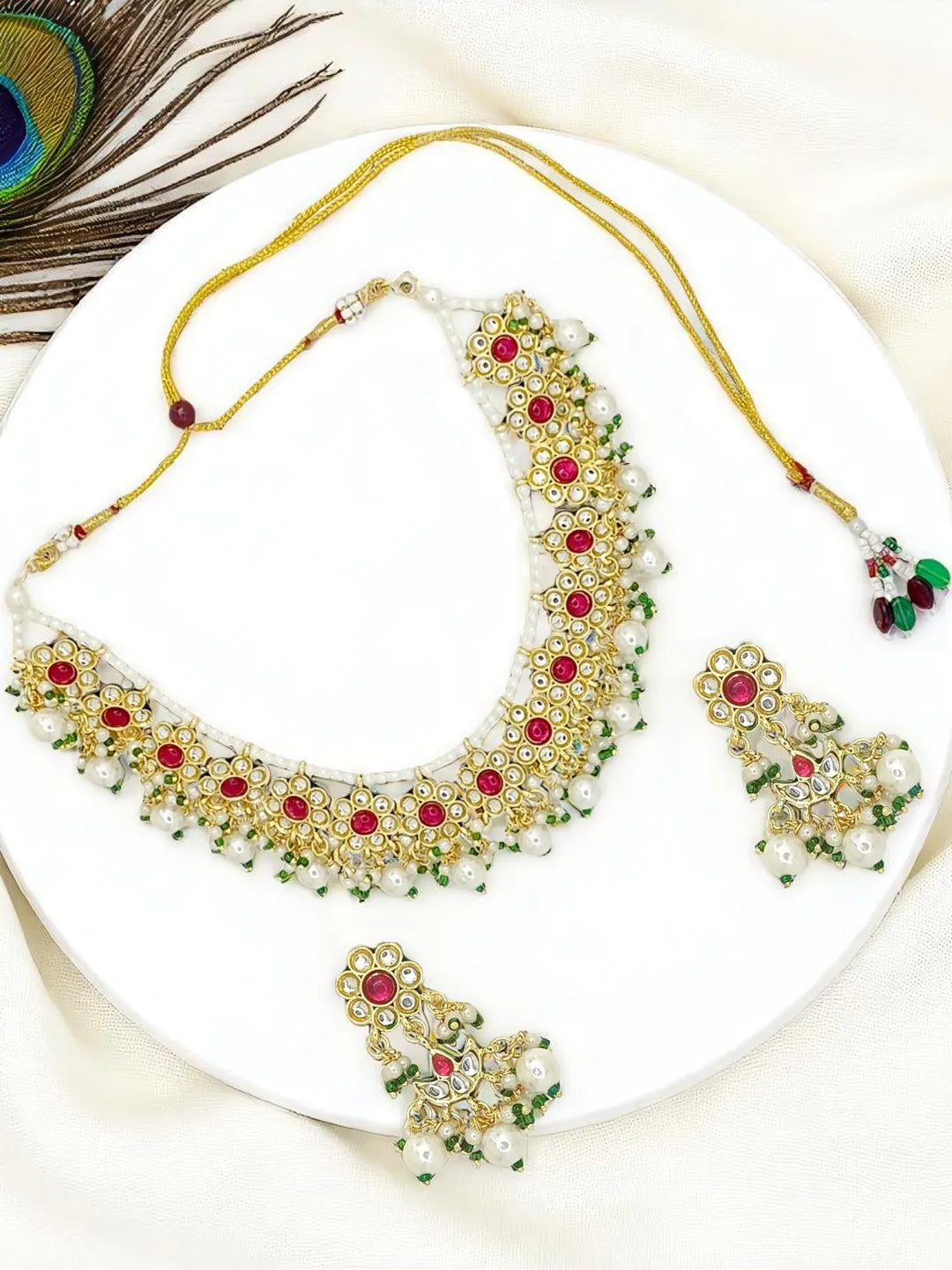 Gold-Plated Kundan Stone Studded & Beaded Jewellery Set