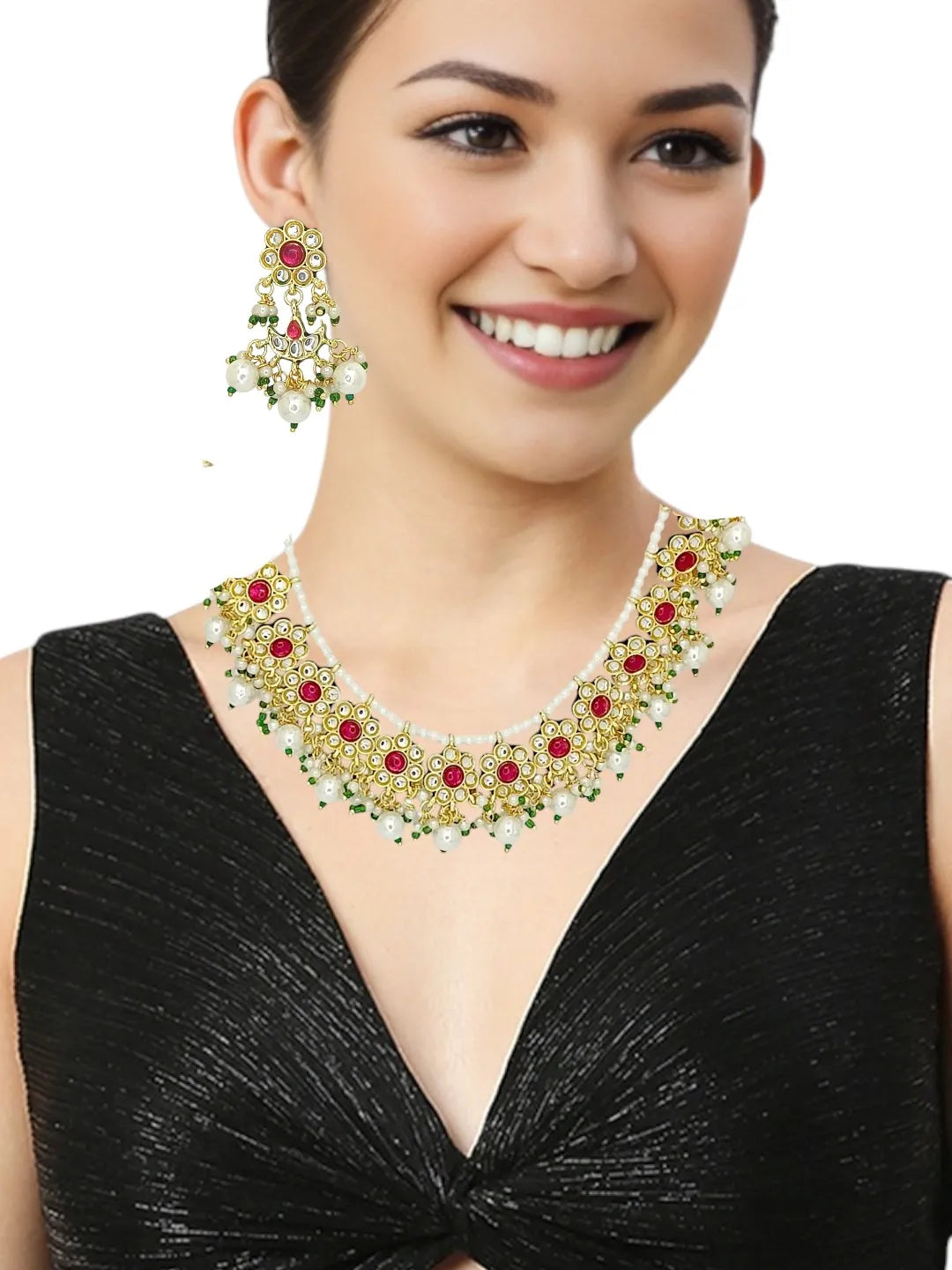 Gold-Plated Kundan Stone Studded & Beaded Jewellery Set