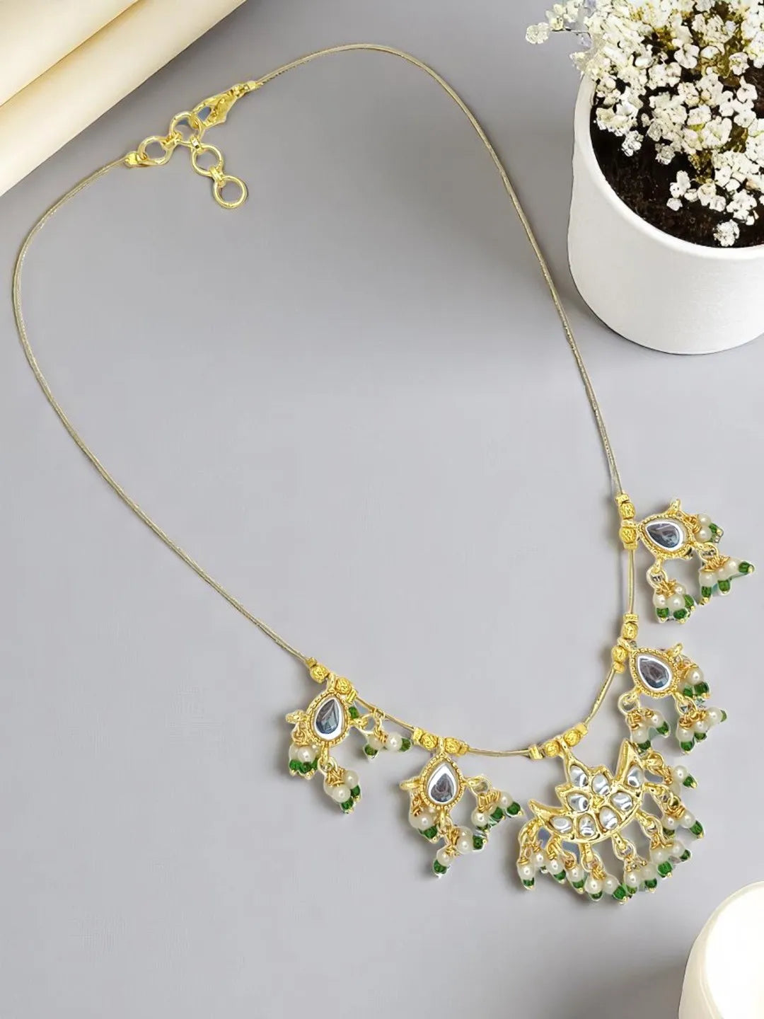 Gold-Plated Tasselled & Kundan Beads Necklace