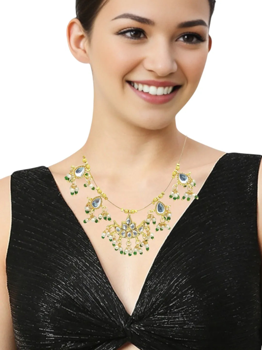 Gold-Plated Tasselled & Kundan Beads Necklace
