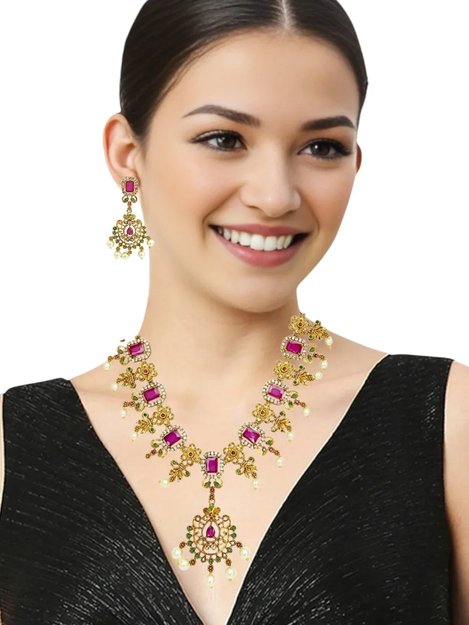 Gold-Plated Artificial Stones and Beads Studded & Beaded Jewellery Set