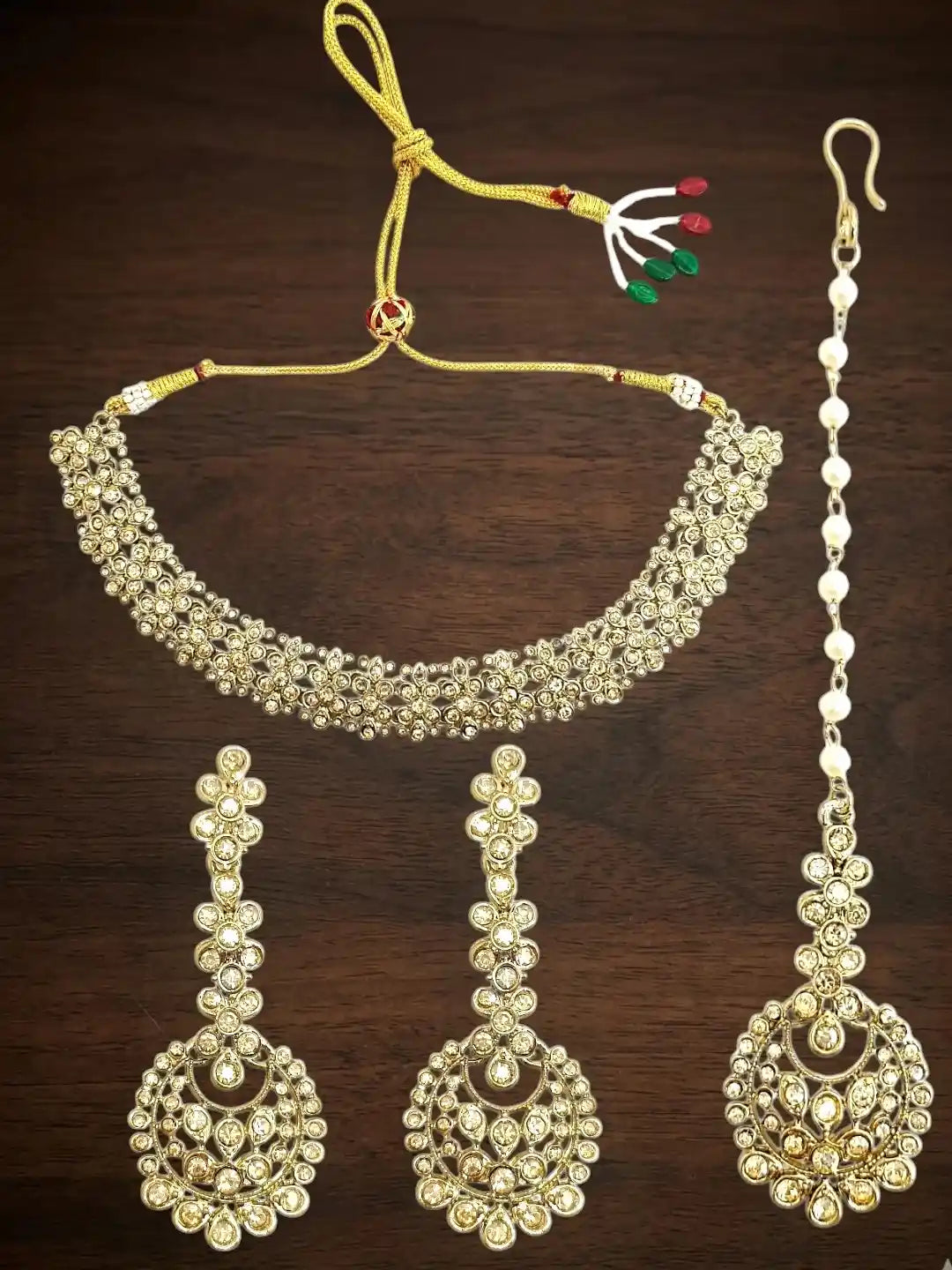 Antique Gold Plated Champagne CZ Necklace Set with Matching Earrings and Maangtikka