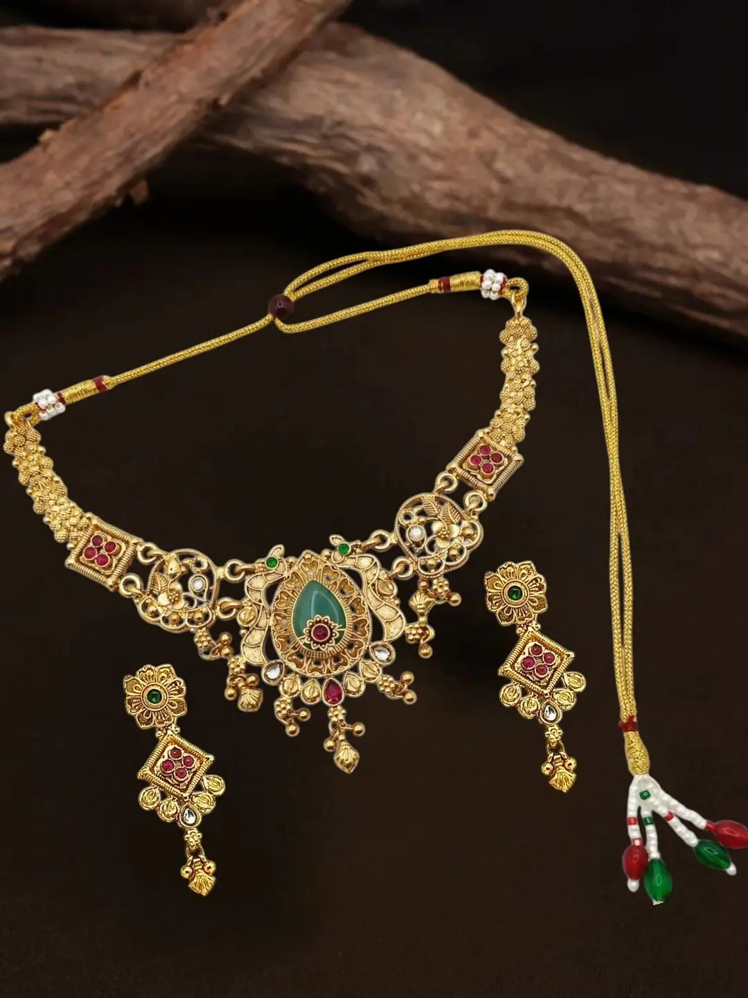 Gold Plated Green Heritage Necklace Set