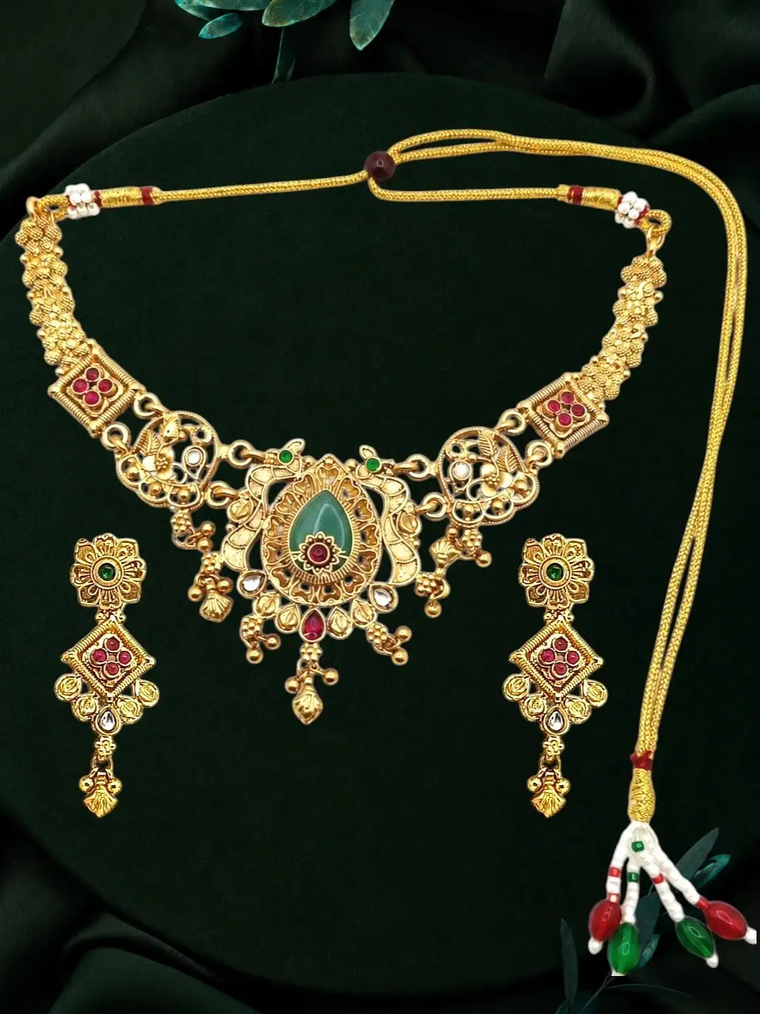 Gold Plated Green Heritage Necklace Set with Matching Drop Earrings