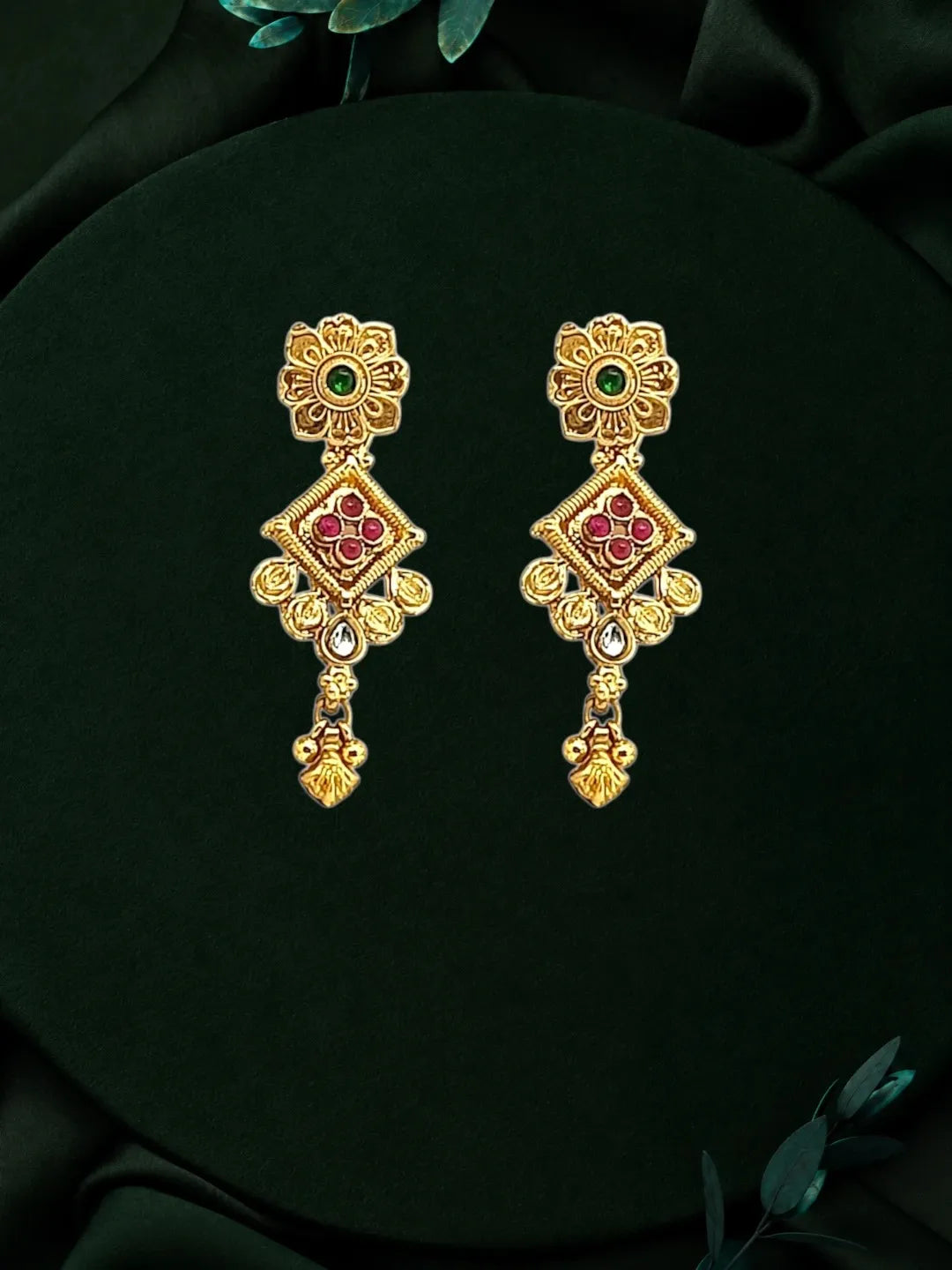 Gold Plated Green Heritage Necklace Set with Matching Drop Earrings