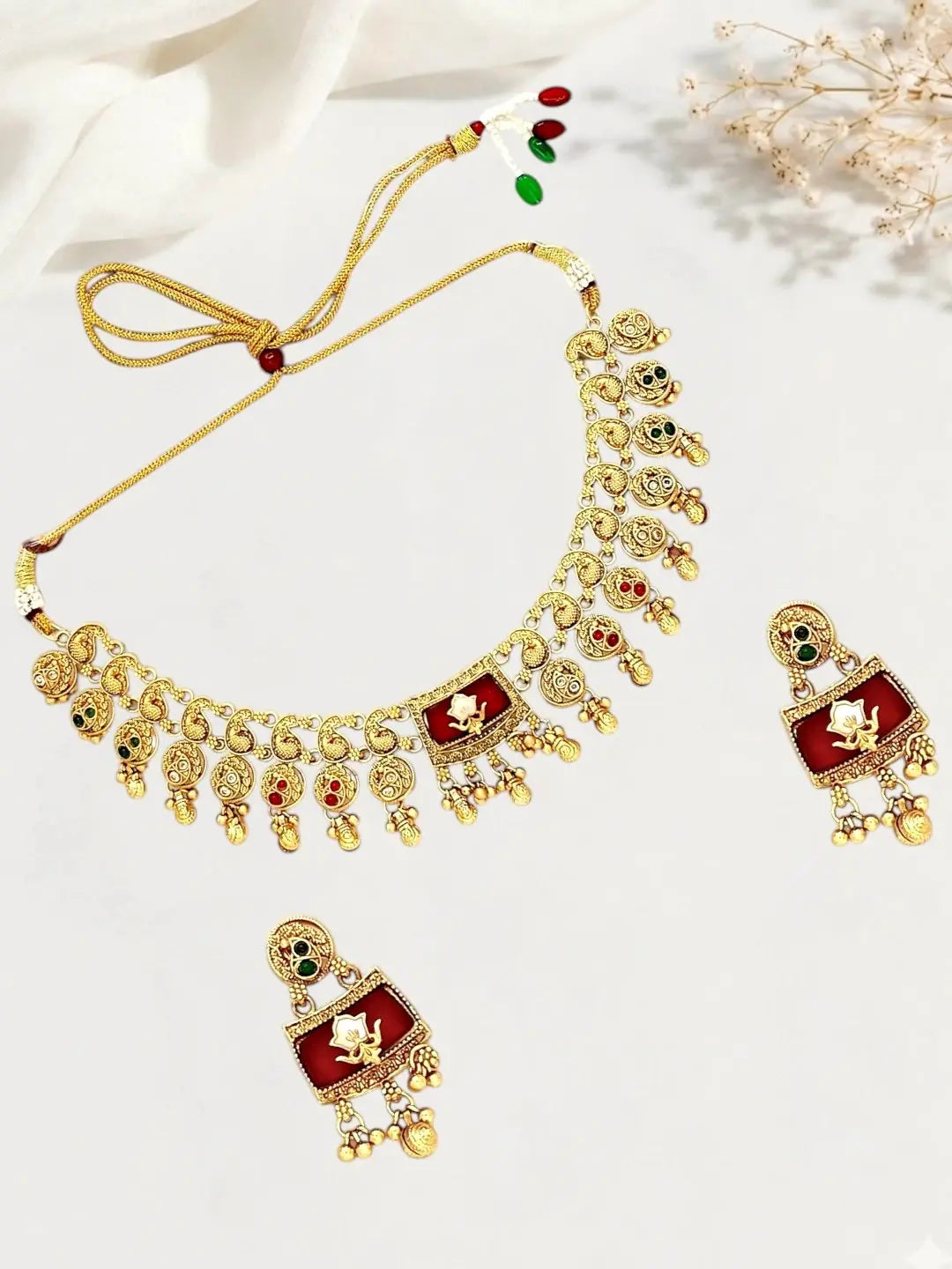 Matte Gold Plated Peacock Heritage Necklace Set