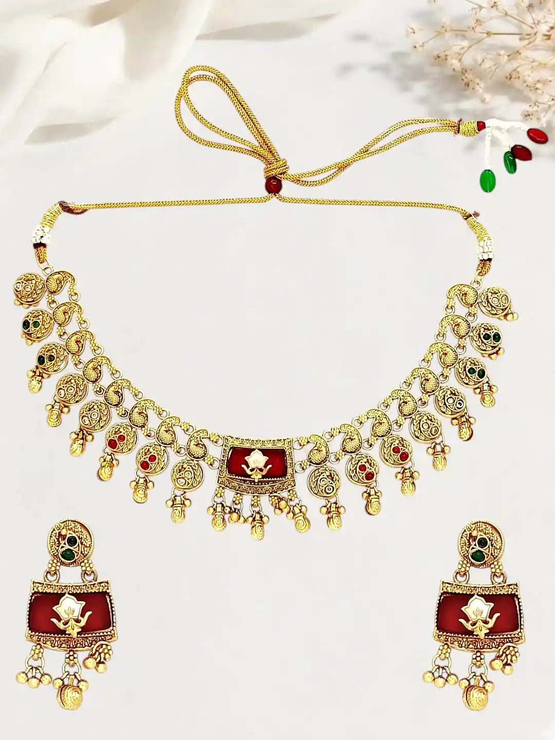 Matte Gold Plated Peacock Heritage Necklace Set