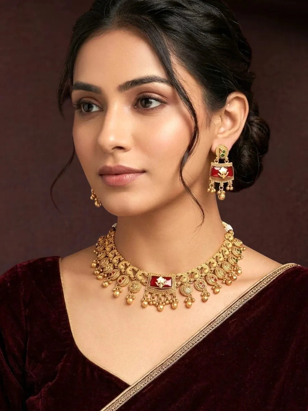 Matte Gold Plated Peacock Heritage Necklace Set For Women and Girl