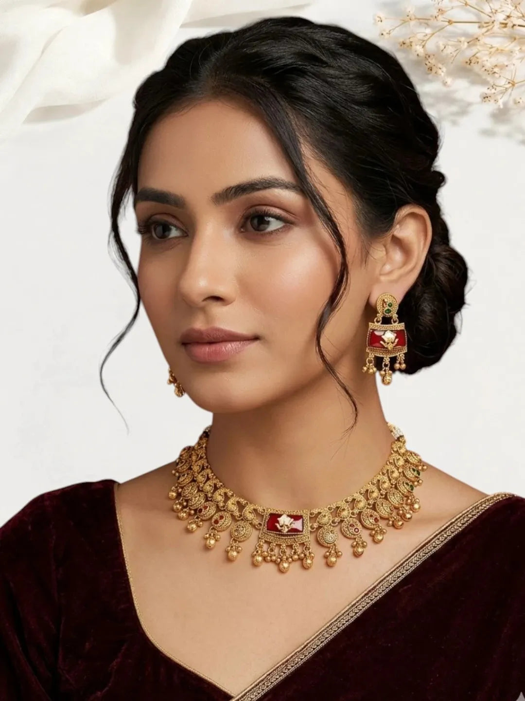 Matte Gold Plated Peacock Heritage Necklace Set