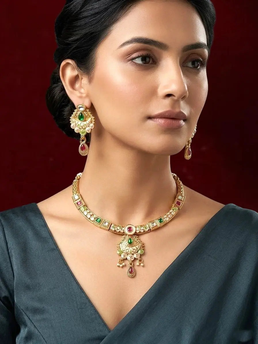 Gold Plated Meenakari Hasli Necklace Set