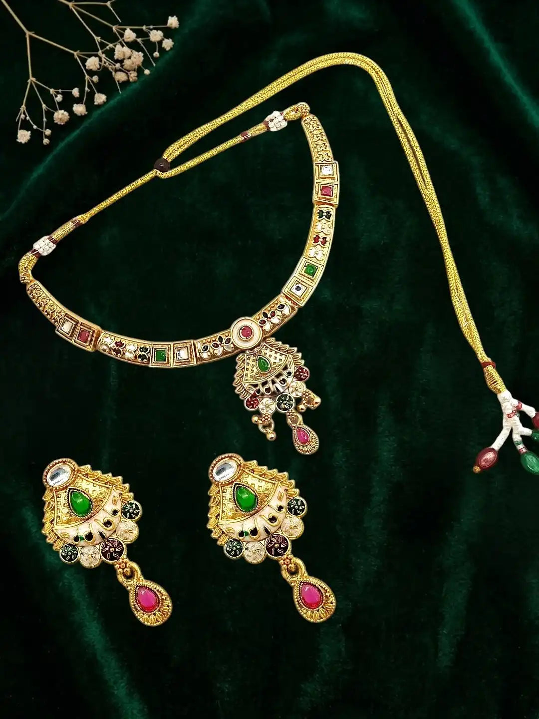 Gold Plated Kundan Meenakari Hasli Necklace Set
