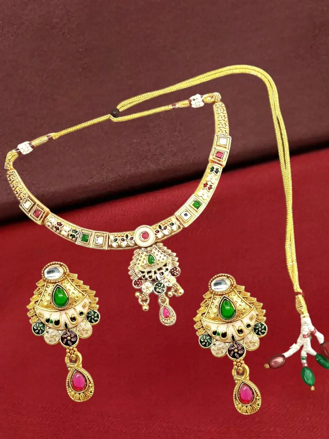 Gold Plated Kundan Meenakari Hasli Necklace Set