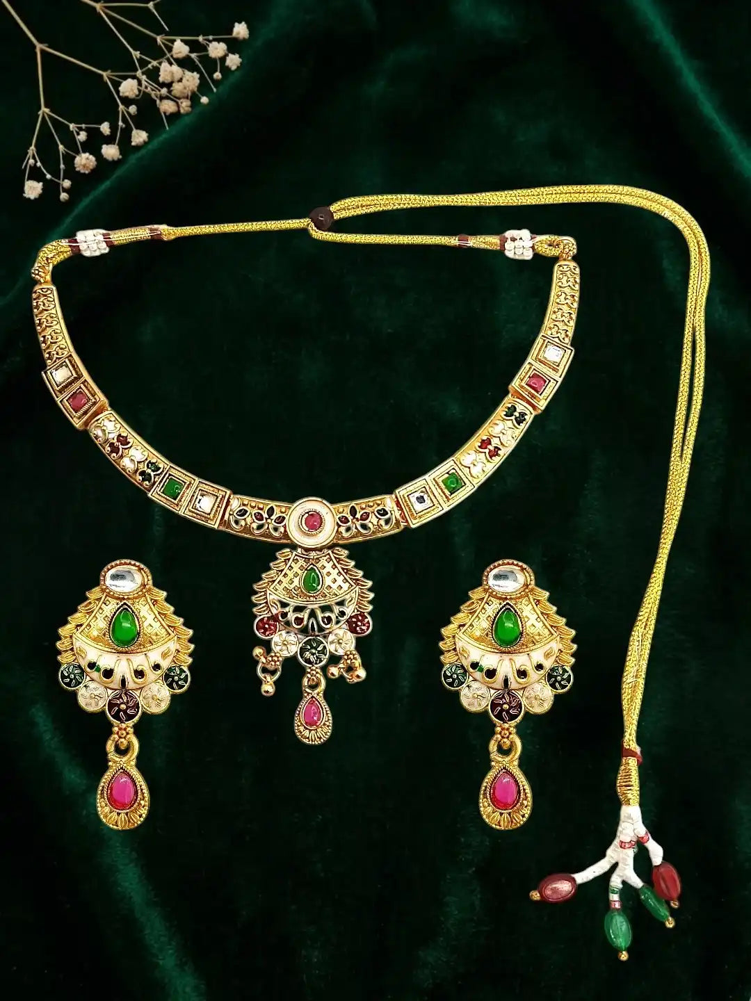 Gold Plated Kundan Meenakari Hasli Necklace Set