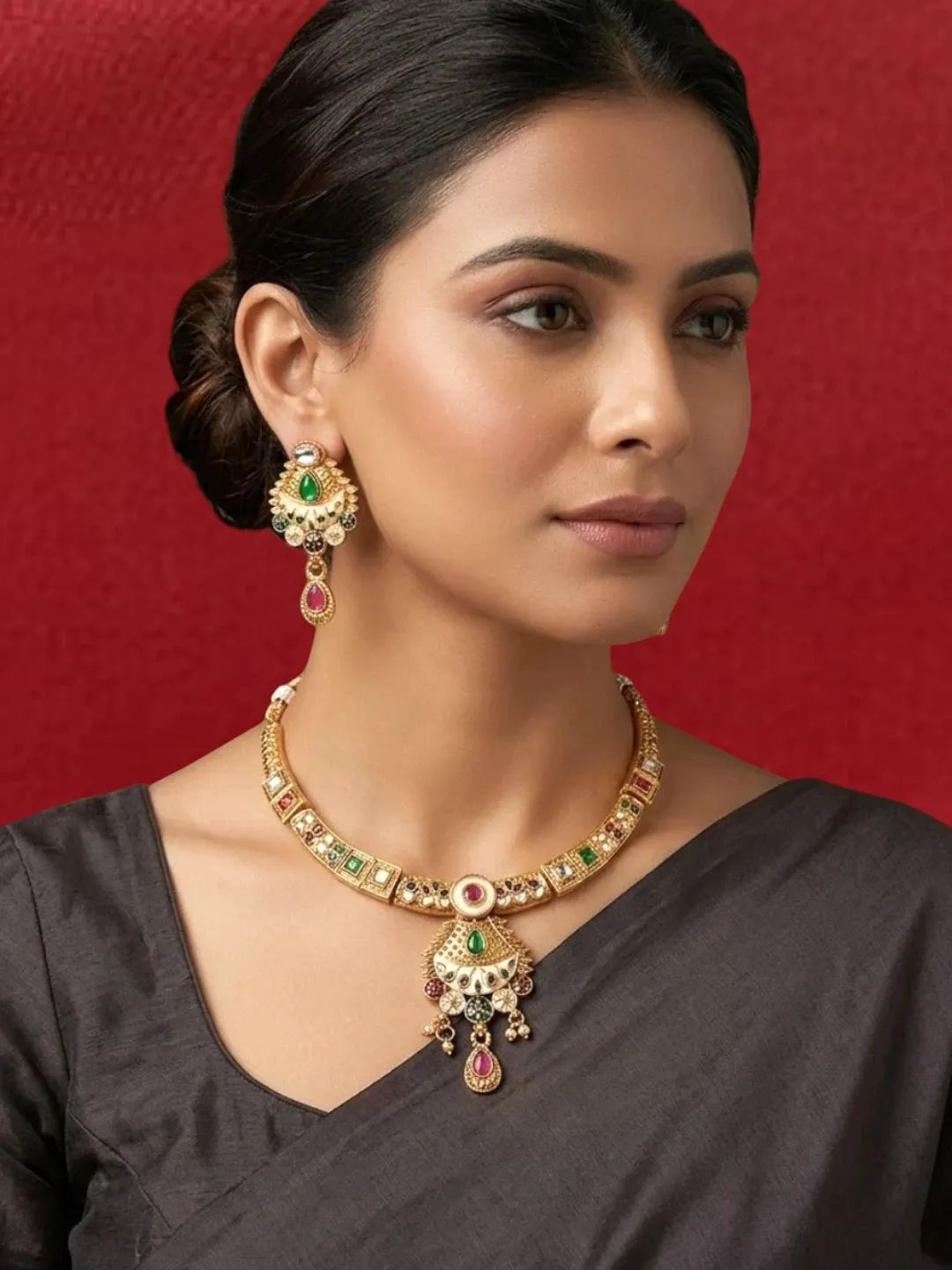 Gold Plated Kundan Meenakari Hasli Necklace Set