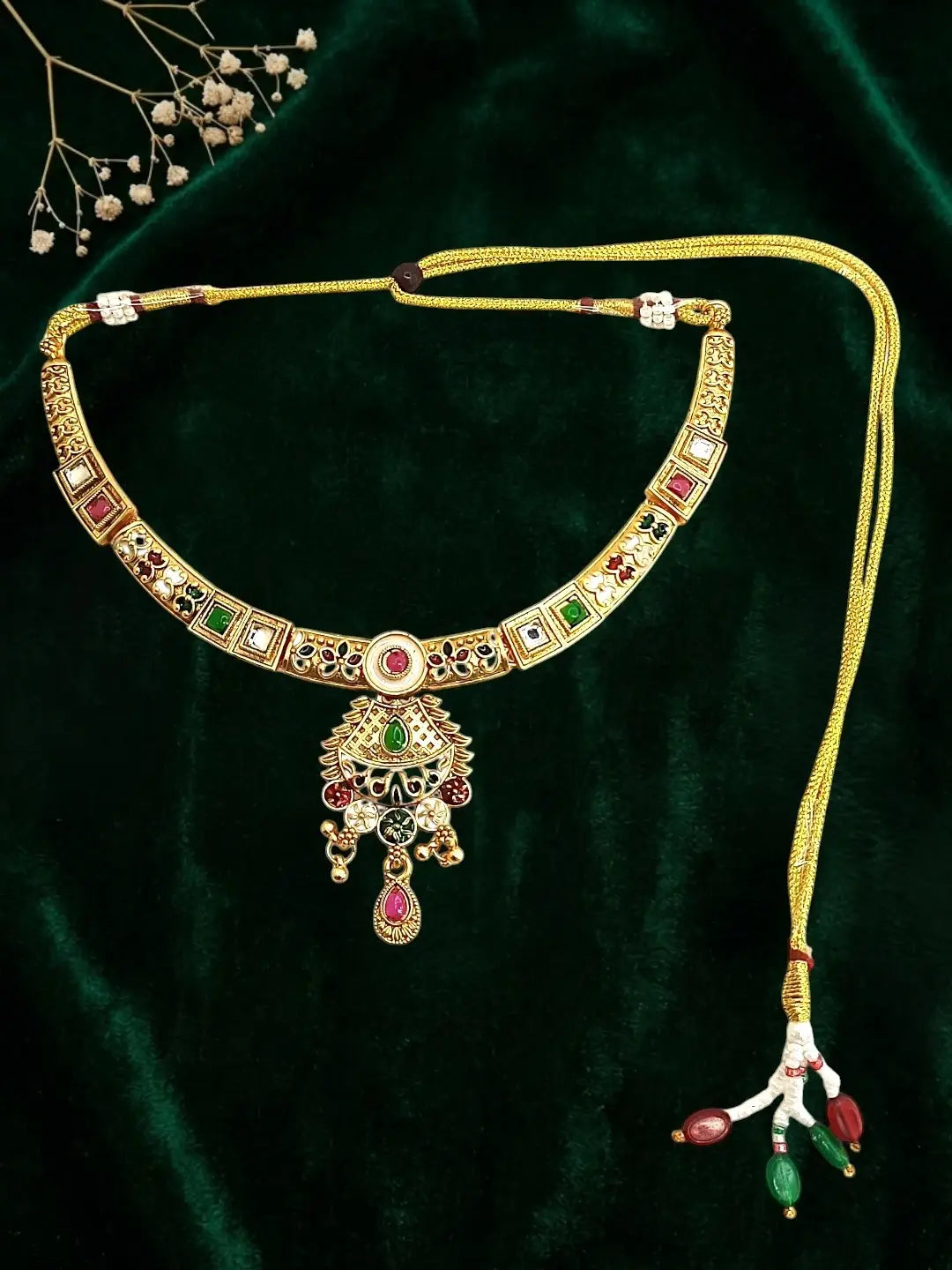 Gold Plated Kundan Meenakari Hasli Necklace Set
