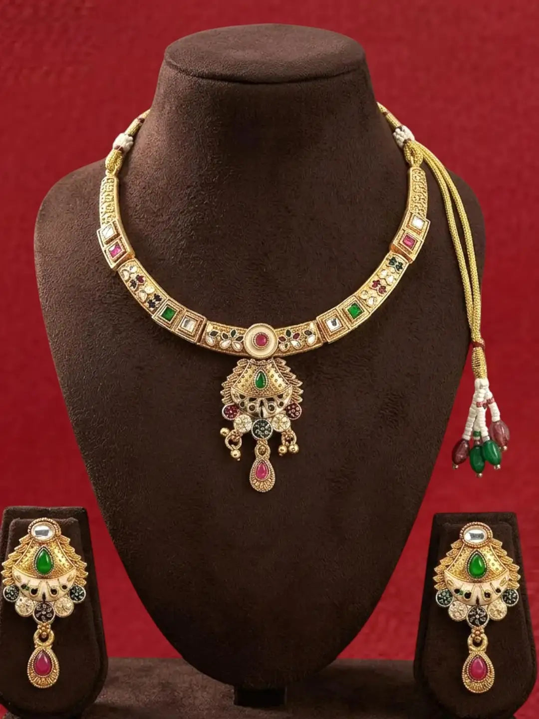 Gold Plated Kundan Meenakari Hasli Necklace Set