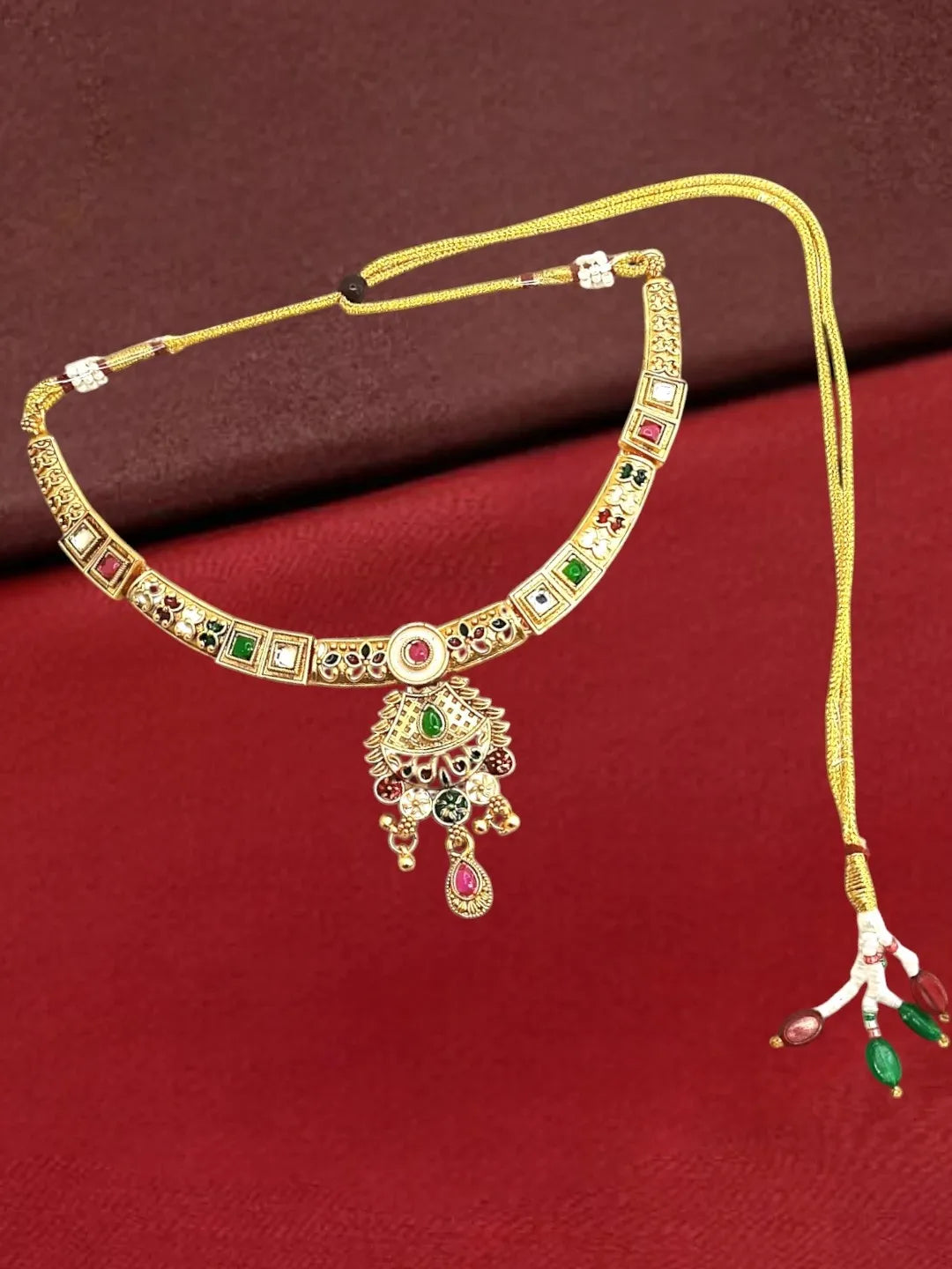 Gold Plated Kundan Meenakari Hasli Necklace Set
