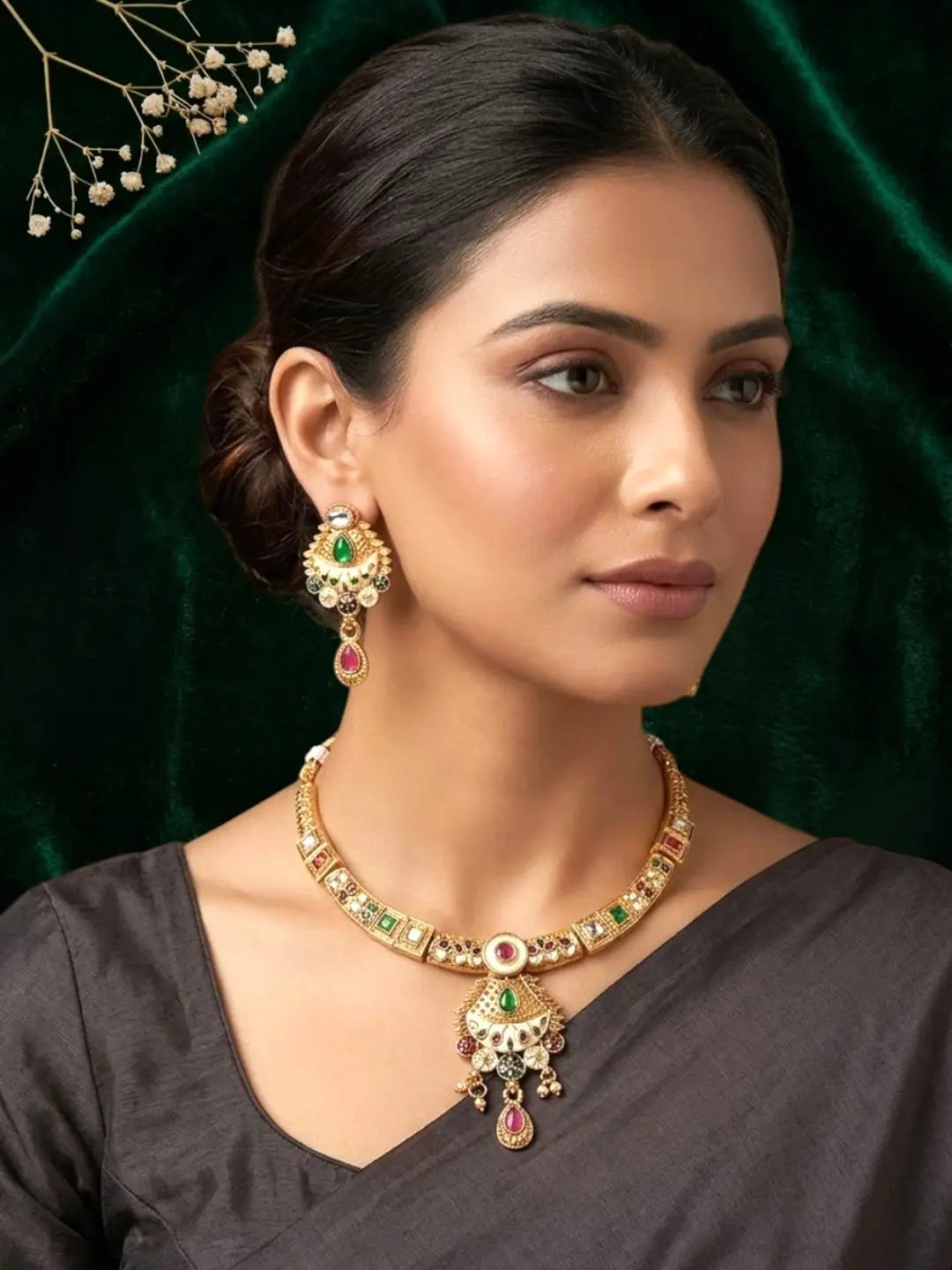 Gold Plated Kundan Meenakari Hasli Necklace Set
