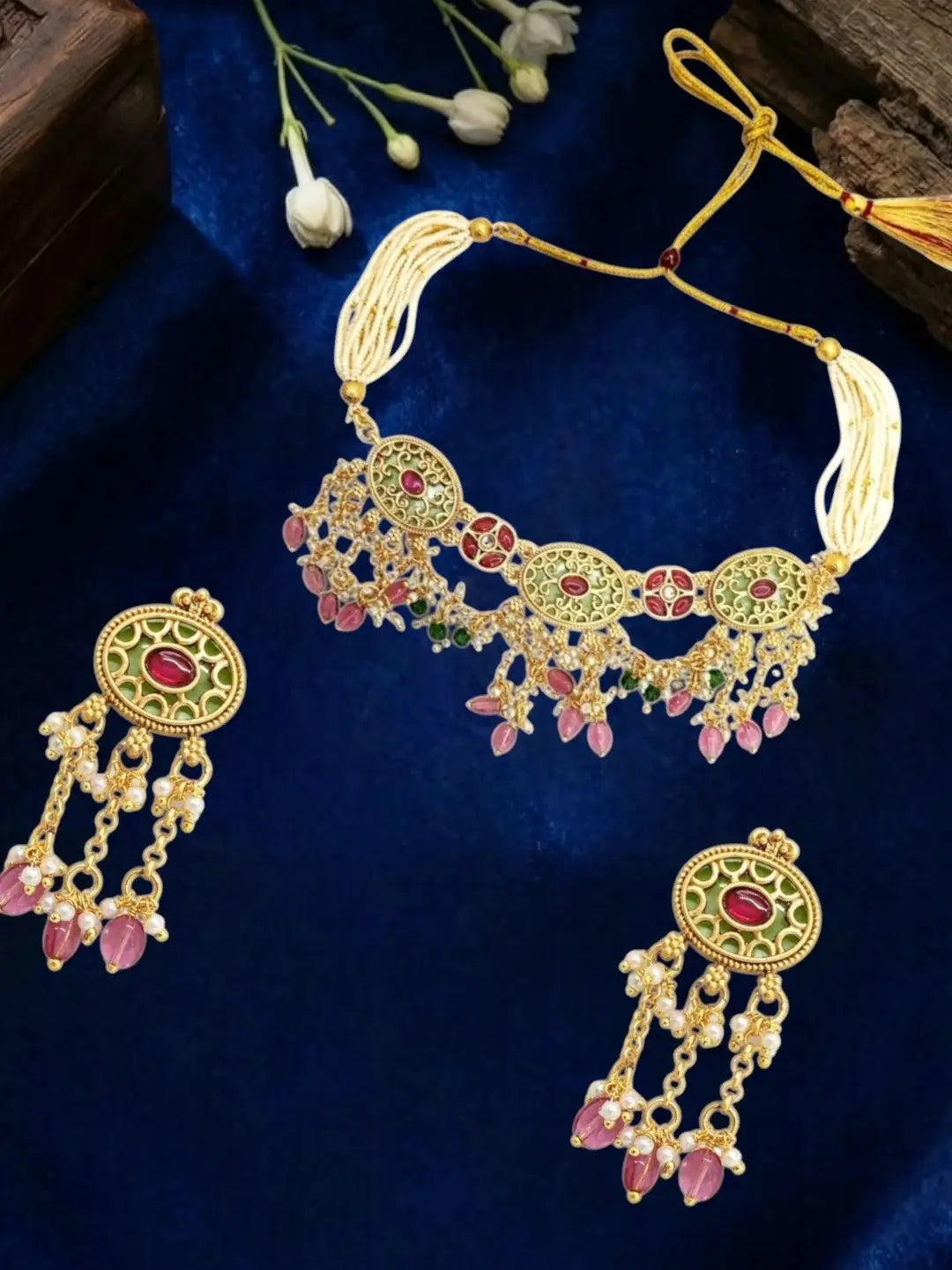 Jaipuri Pink Green Heritage Dangling Choker Set