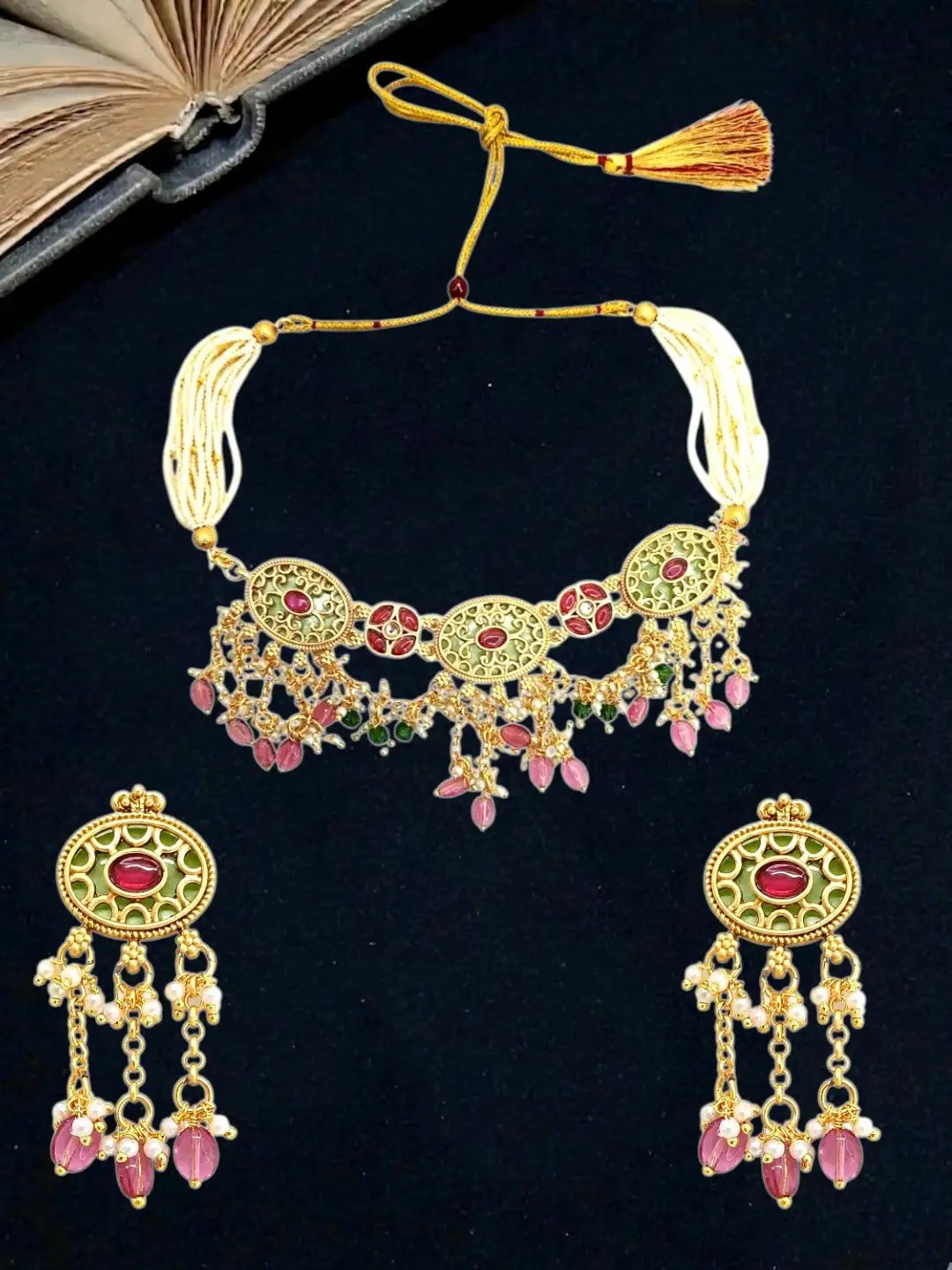 Jaipuri Pink Green Heritage Dangling Choker Set