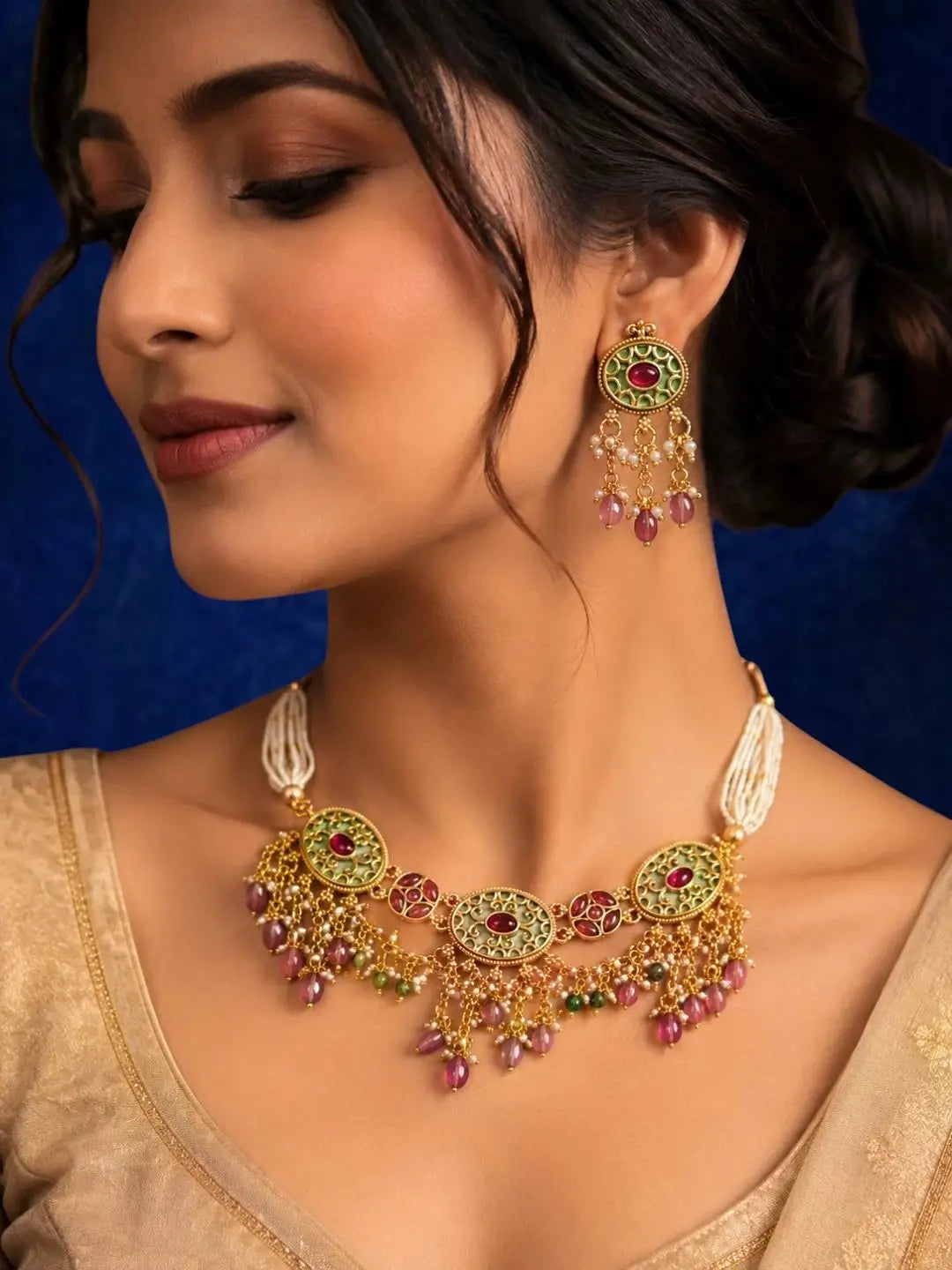 Jaipuri Pink Green Heritage Dangling Choker Set