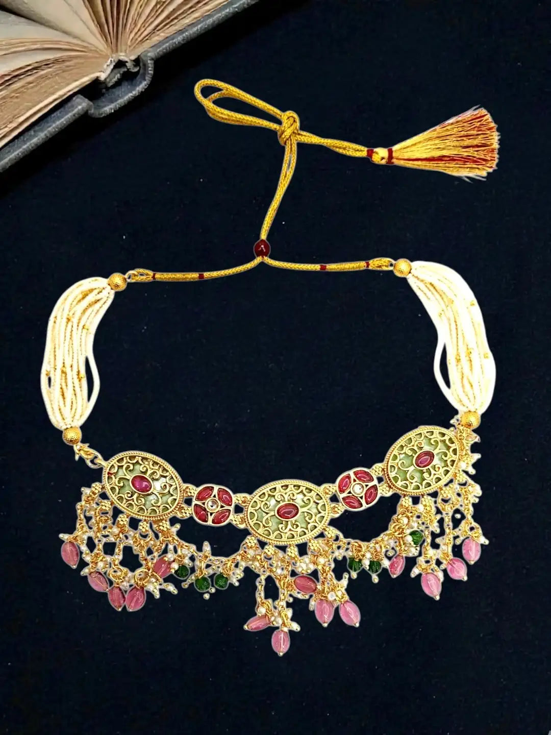 Jaipuri Pink Green Heritage Dangling Choker Set