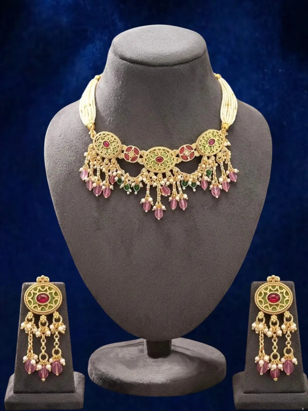 Jaipuri Pink Green Heritage Dangling Choker Set