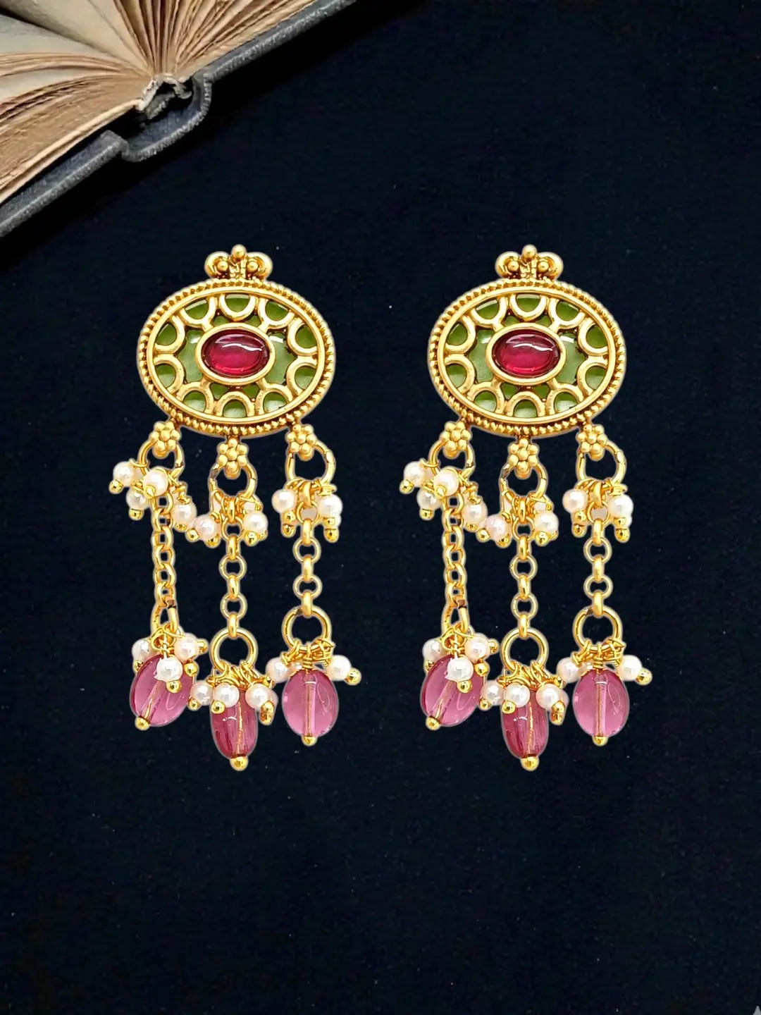 Jaipuri Pink Green Heritage Dangling Choker Set
