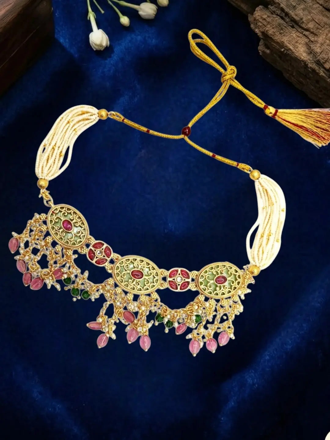Jaipuri Pink Green Heritage Dangling Choker Set