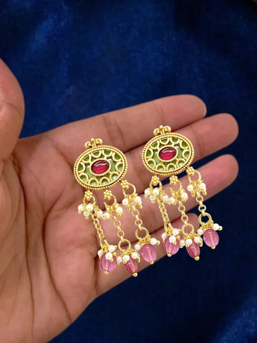 Jaipuri Pink Green Heritage Dangling Choker Set