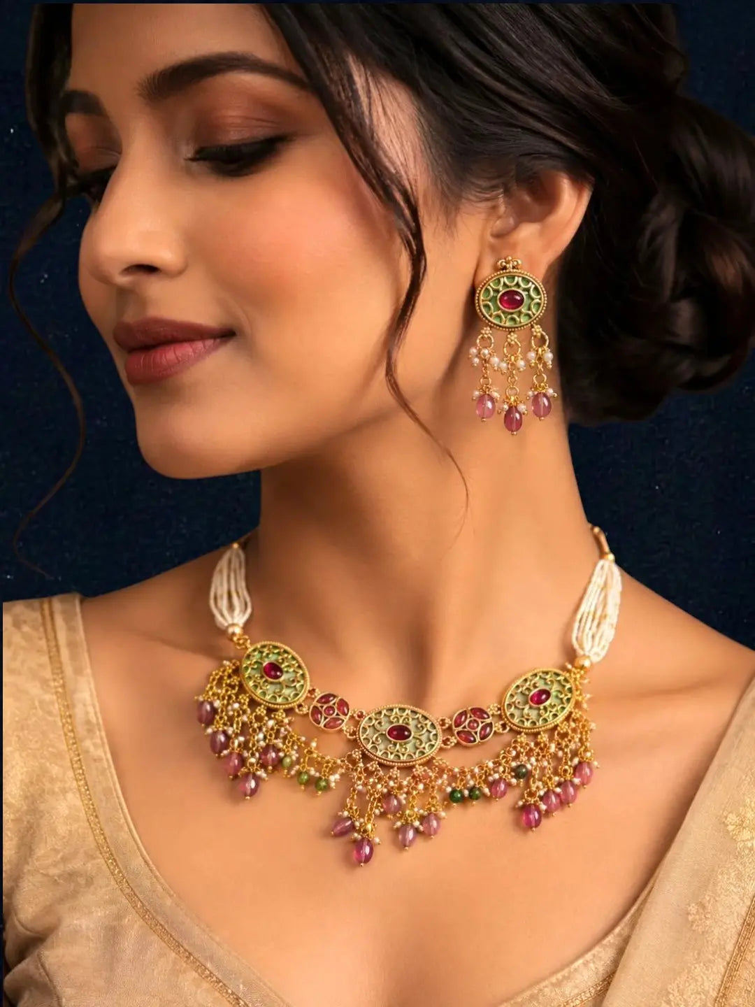 Jaipuri Pink Green Heritage Dangling Choker Set