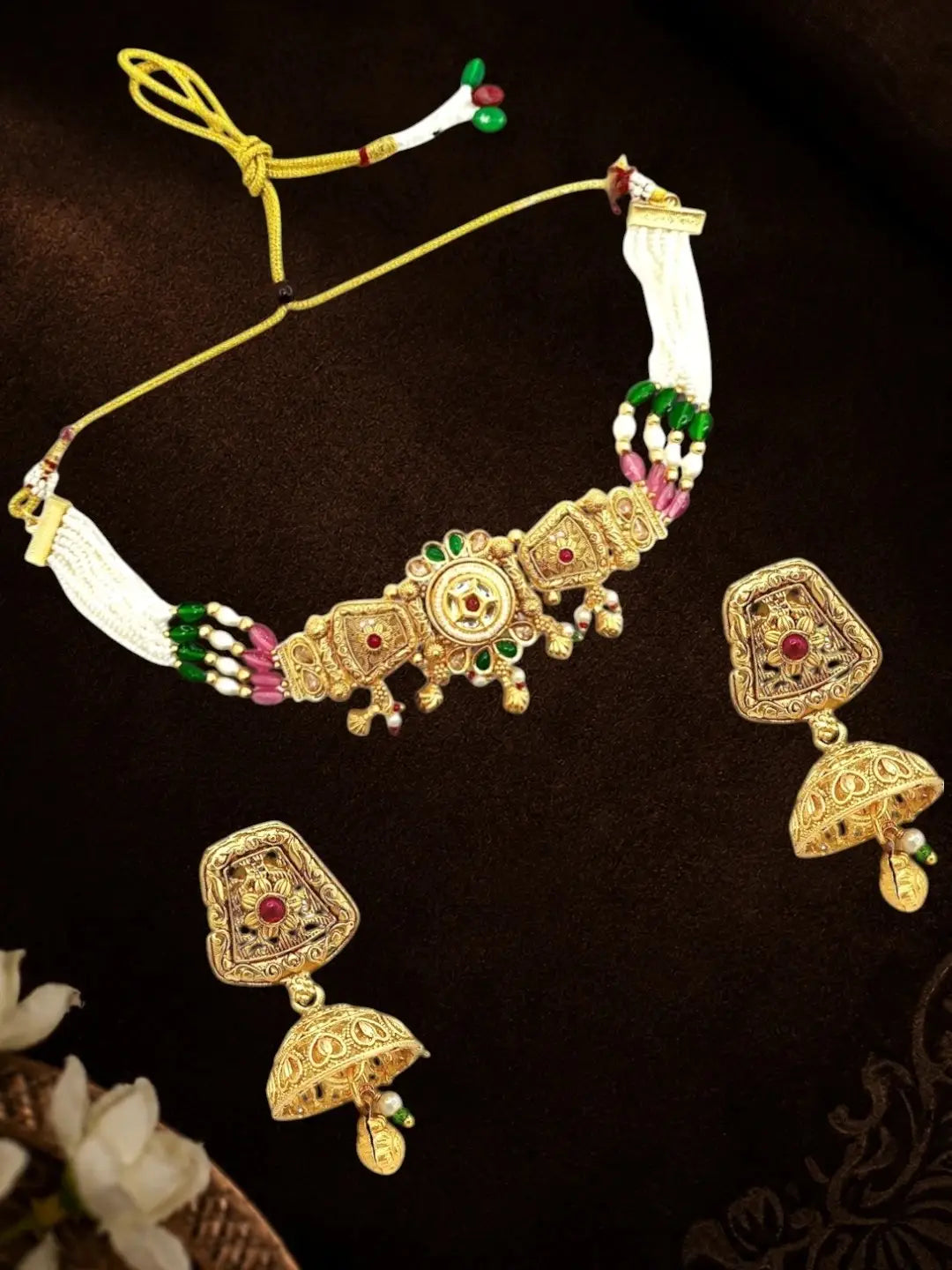 Gold Plated Kundan Rajwadi Choker Necklace Set