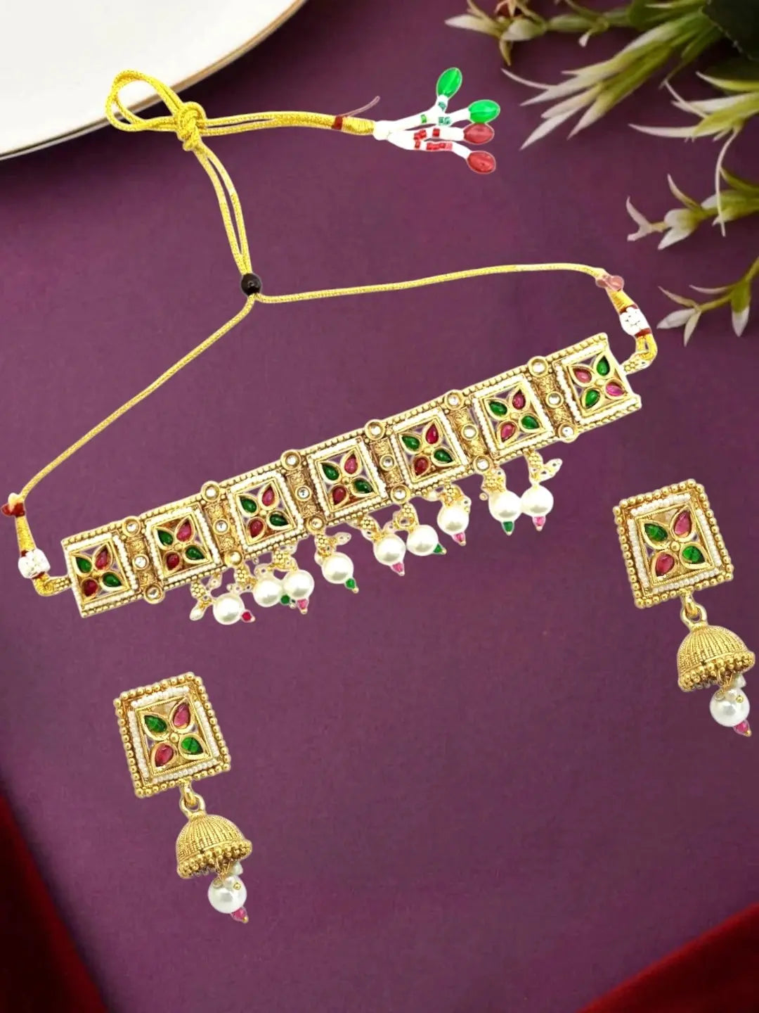 Gold Plated Kundan Rajasthani Choker Necklace Set