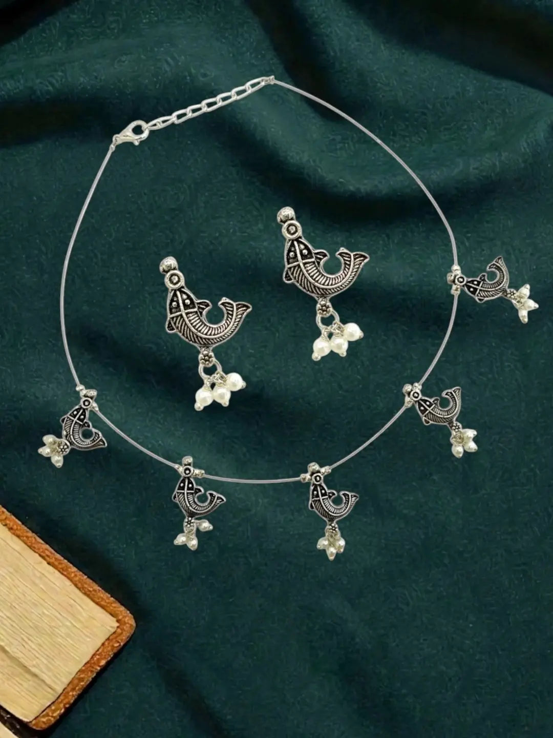 Silver Oxidised Fish Motif Invisible Jewellery Set