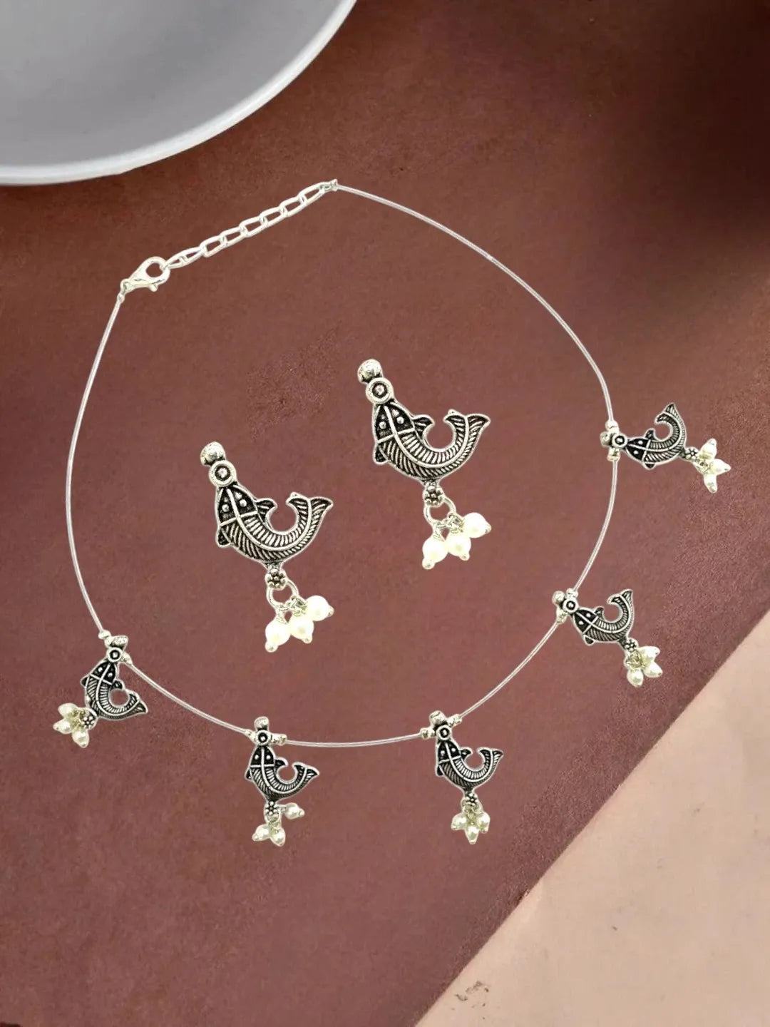 Silver Oxidised Fish Motif Invisible Jewellery Set