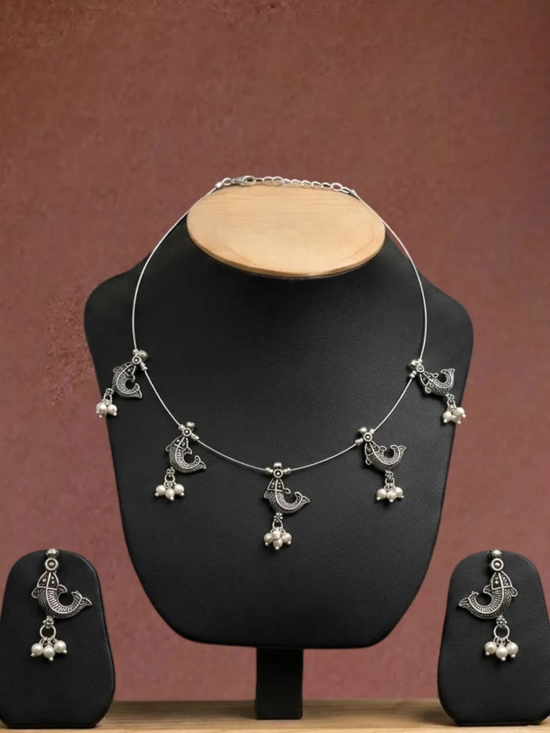 Silver Oxidised Fish Motif Invisible Jewellery Set