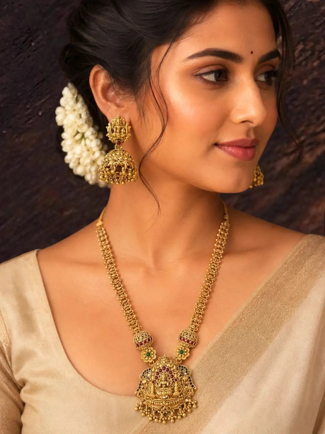 Gold Plated Temple Long Necklace Set